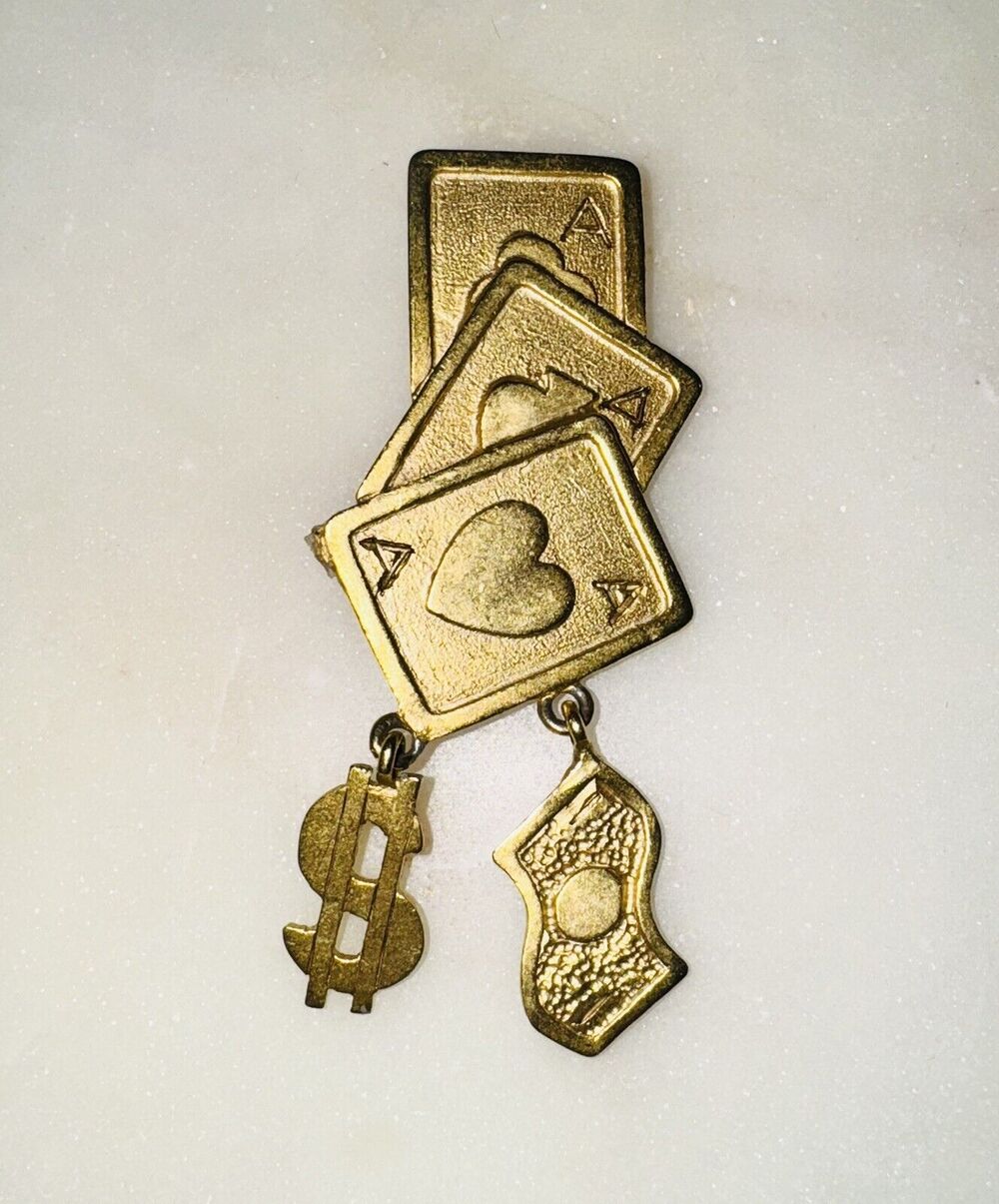 Vintage Gold Tone RVP Brooch Gambling Cards Poker Brooch Pin Dangling Charms